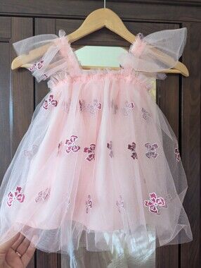 Le chic Pink Tutu Tulle Party Dress Red Bow Embroidery Ruffle Sleeve 2 Toddler
